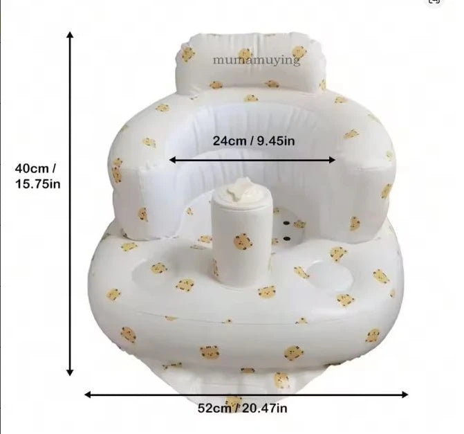 Baby inflatable sofa shown with size measurements to help parents pick the right fit for bath and floor use.