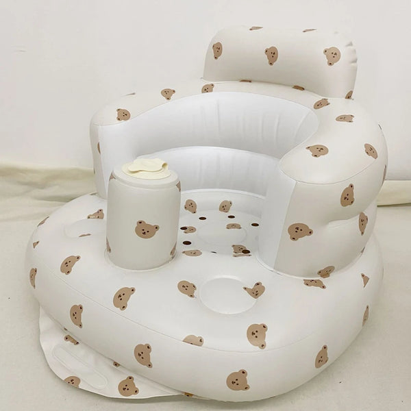 Baby inflatable sofa with teddy bear pattern for portable PVC bath and floor seating support.