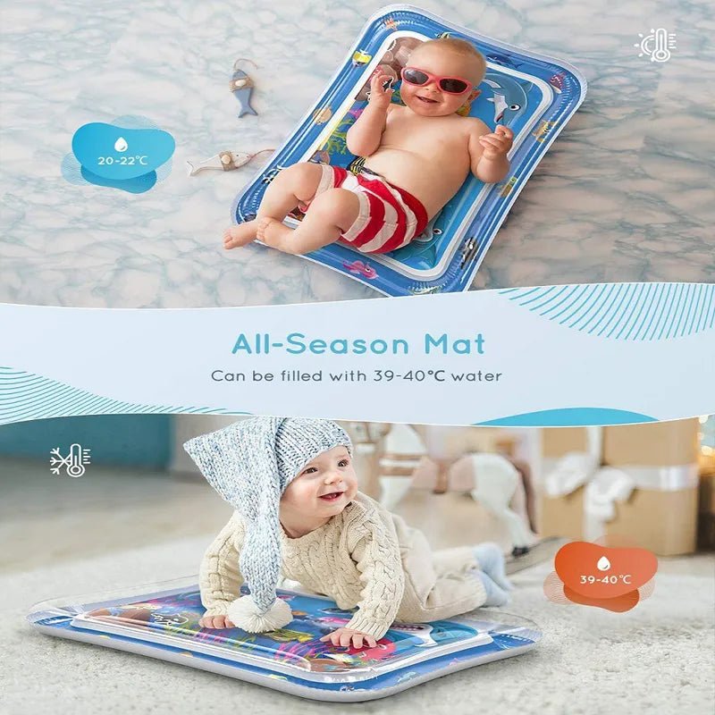 Baby on an Inflatable Water Mat suitable for all-season tummy time play and early motor skill development.