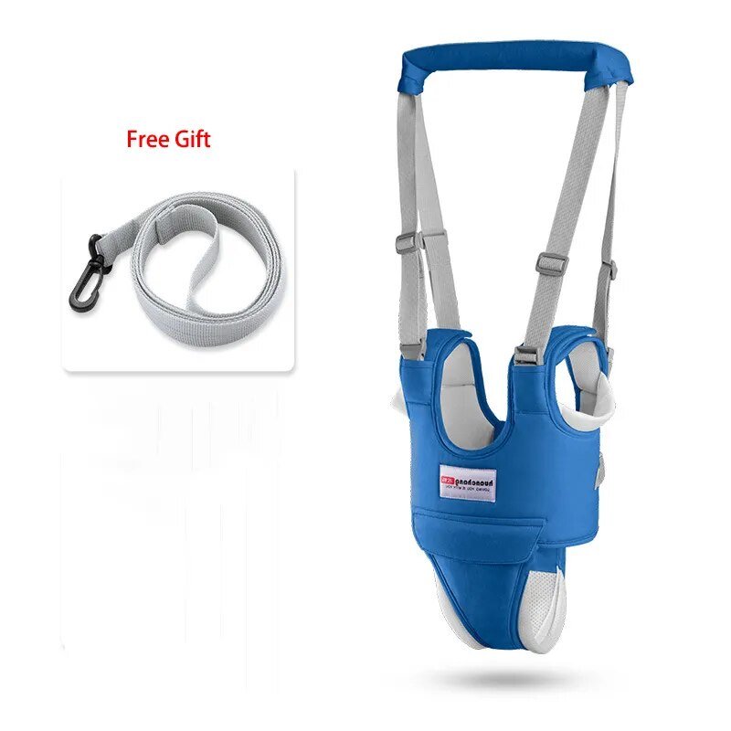 Blue baby harness with gray leash 