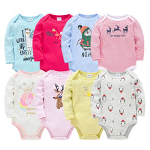 Collection of colorful baby bodysuits with various designs 