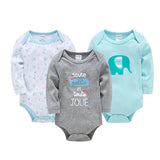 Three baby bodysuits in different colors 