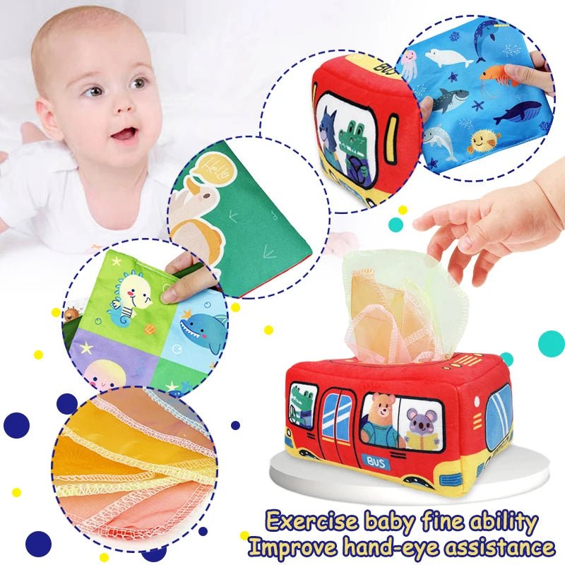 Baby playing with a colorful bus-shaped toy and educational cards.