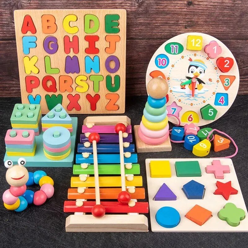 Collection of Montessori wooden puzzle and toy pieces for babies building early problem-solving skills.