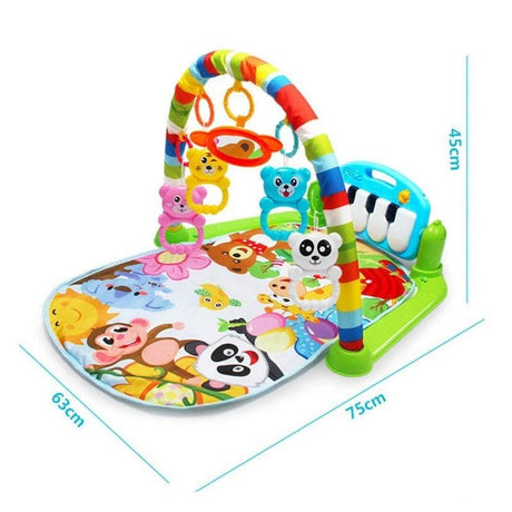Colorful baby activity gym with various toys and dimensions.