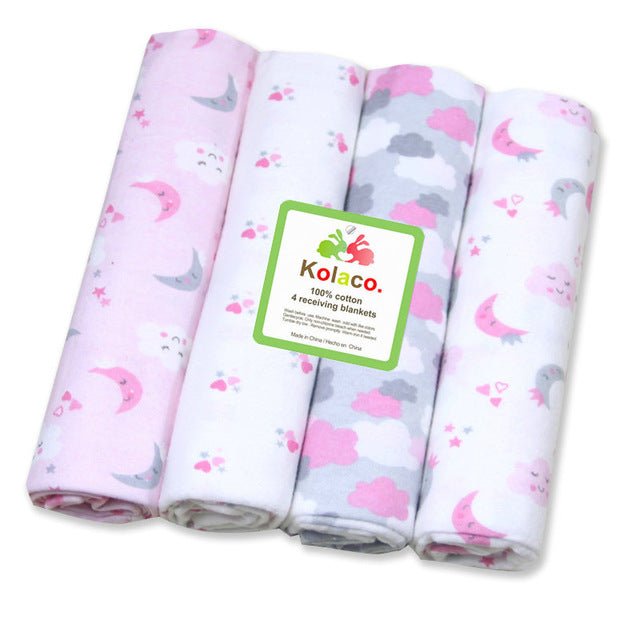 Baby muslin swaddles in pink and grey prints, a breathable 4-pack for wrapping newborns and shading the pram on warm days.