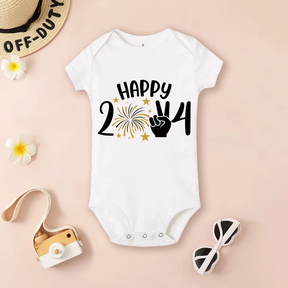 White baby onesie with 'Happy 2024' print (option 3)