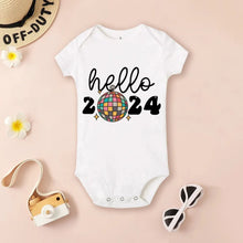 White baby onesie with 'hello 2024' text and disco ball graphic (option 3)