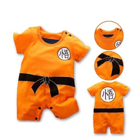 Orange baby romper with black belt and symbol, including a matching bib and shirt.