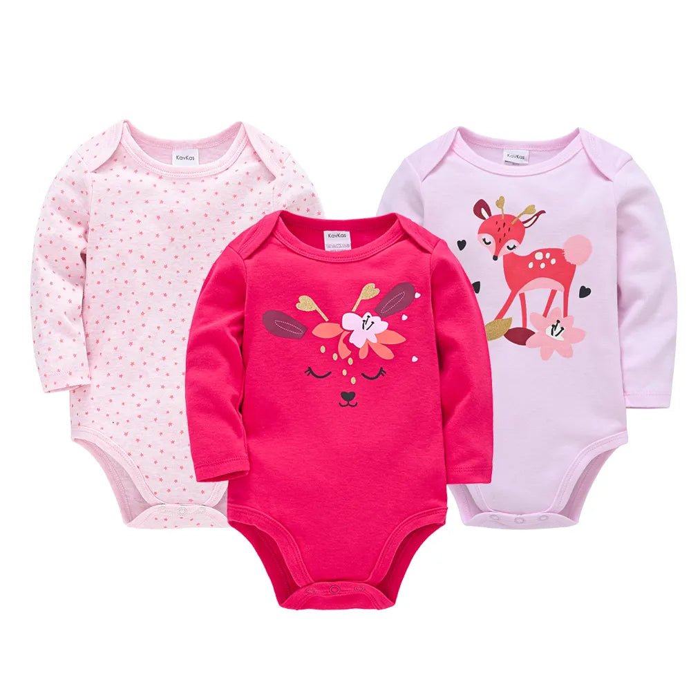 Three baby bodysuits with different designs 