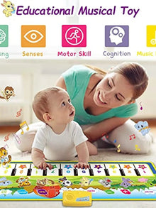 Baby playing on the Touch Play Piano Music Mat with a parent, supporting early developmental milestones.