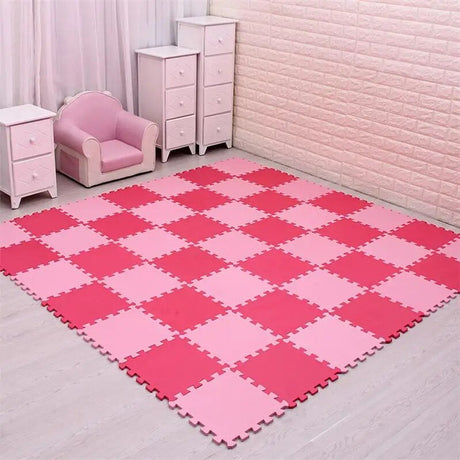 Pink checkered foam mat on a light gray floor with pink furniture in the background.