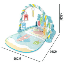 Baby play gym foot piano mat shown with size dimensions to help parents choose floor space.