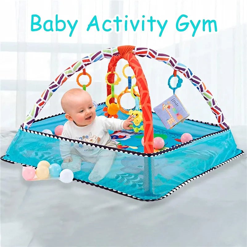 Baby playing on a colorful baby activity gym with text 'Baby Activity Gym'.