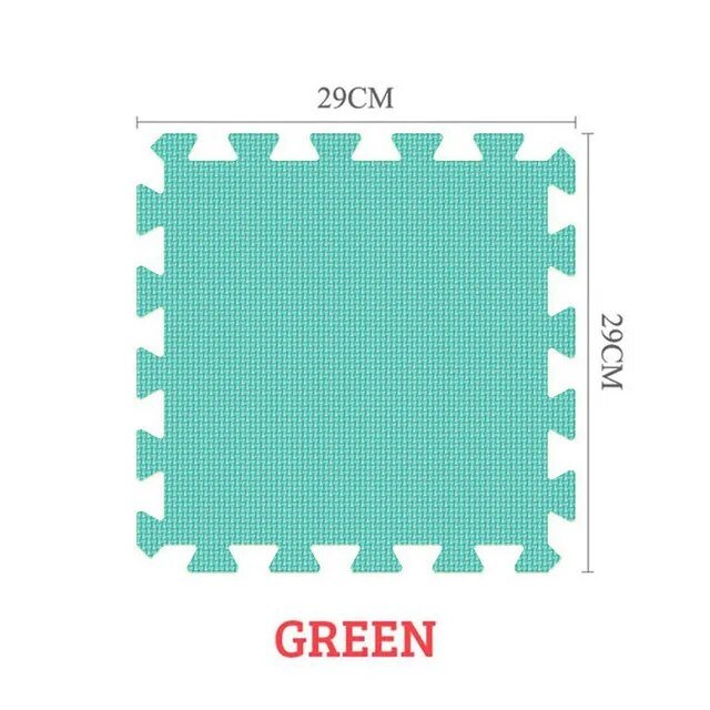 Green foam puzzle mat with dimensions on a white background