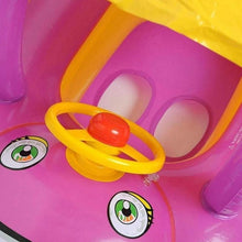 Baby Pool Float with Canopy pink inflatable seat with yellow ring and red ball toy for splash play and pool learning.