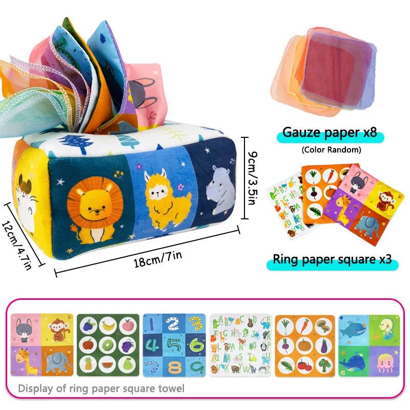 Children's educational toy with cartoon animals and gauze paper, dimensions displayed.