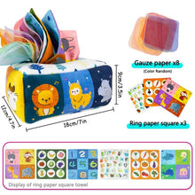 Children's educational toy with cartoon animals and gauze paper, dimensions displayed. (option 2)