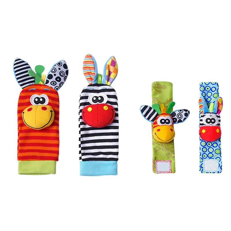 Baby rattle toys with animal designs and foot finder socks as an infant set for gentle sensory stimulation.