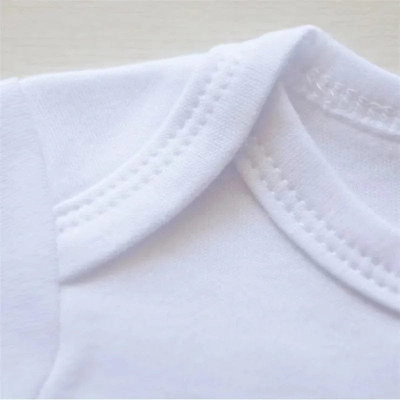 Close-up of the reinforced collar stitching on the newborn letter print romper for durable everyday baby wear.