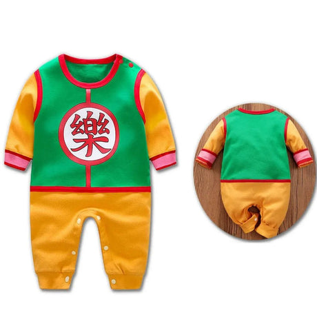 Colorful baby romper with green top and yellow bottom.