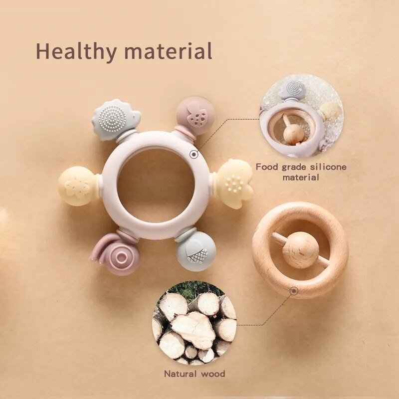 Baby teething ring with food-grade silicone and natural wood components.