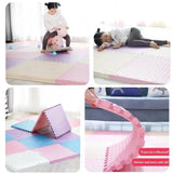 Collage of a child playing on a pink and white mat with various activities.