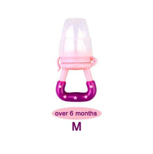 Pink and purple baby pacifier with 'over 6 months' text.