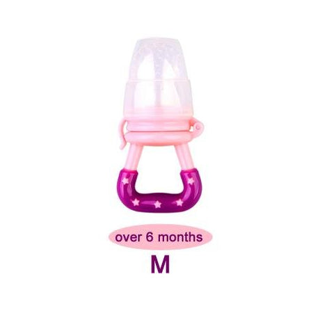 Pink and purple baby pacifier with 'over 6 months' text.