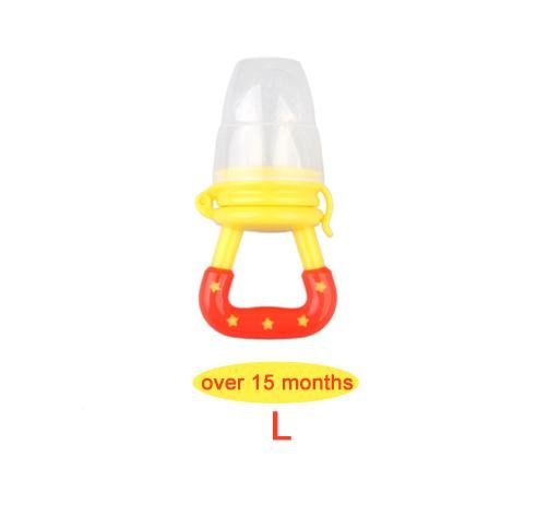Yellow and red baby teether with 'over 15 months' text 