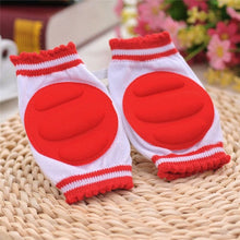 Red and white baby safety knee pads with elastic fit for secure all-day wear during active crawling.