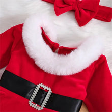 Baby Santa velvet romper dress with fur collar and belt for Christmas costume days, nativity events, and festive outings.