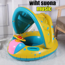 Colorful inflatable baby seat with canopy on a light-colored floor.