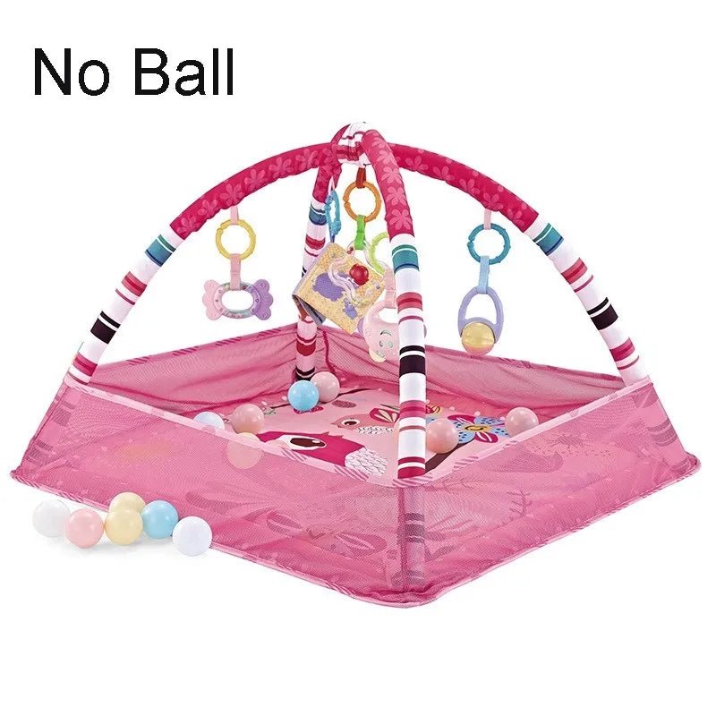 Pink baby play gym with toys.