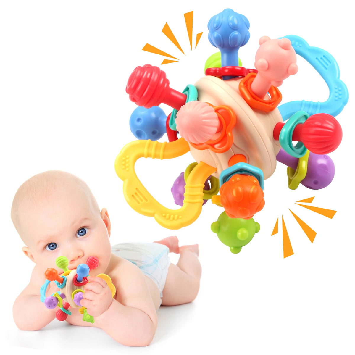 Baby lying on the floor with a colorful sensory rattle teether ball