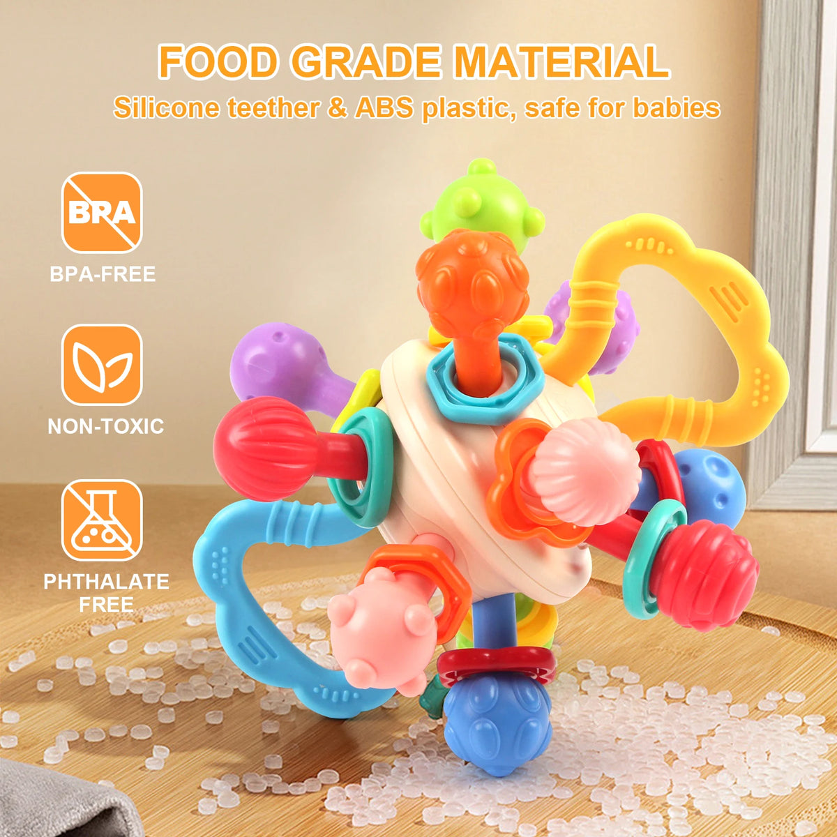 Colorful sensory rattle teether ball with silicone and ABS plastic material callouts