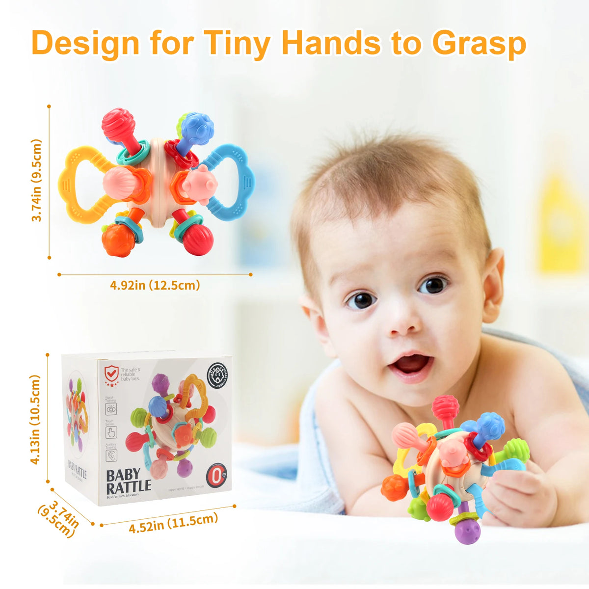 Sensory rattle teether ball with size markers of 12.5 cm by 9.5 cm beside its gift box
