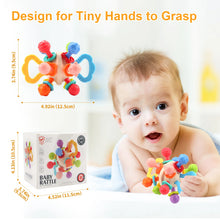 Sensory rattle teether ball with size markers of 12.5 cm by 9.5 cm beside its gift box