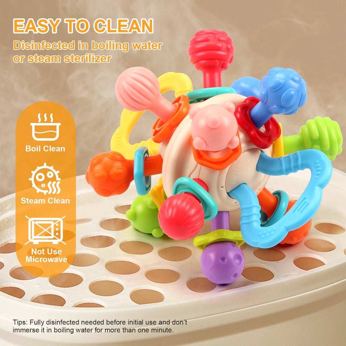 Colorful sensory teether ball in a steam sterilizer basket with cleaning tips