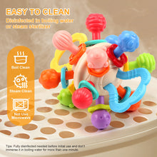 Colorful sensory teether ball in a steam sterilizer basket with cleaning tips
