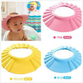 Baby Shower Adjustable Cap shampoo visors in pink, yellow, and blue for tear-free hair washing at bath time.