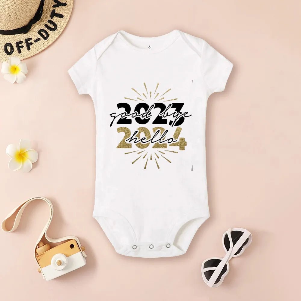 Baby onesie with '2023 2024 hello' text 