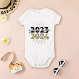 Baby onesie with '2023 2024 hello' text 