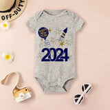 Gray baby onesie with New Year's design