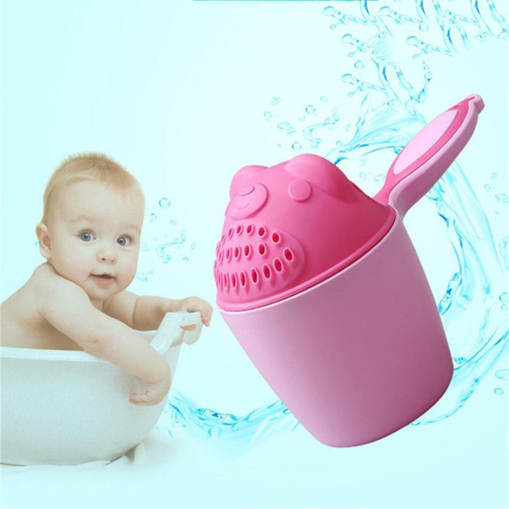 Cartoon bear bathing scoop cup used with a baby for calm, tear-free hair rinsing at bath time.