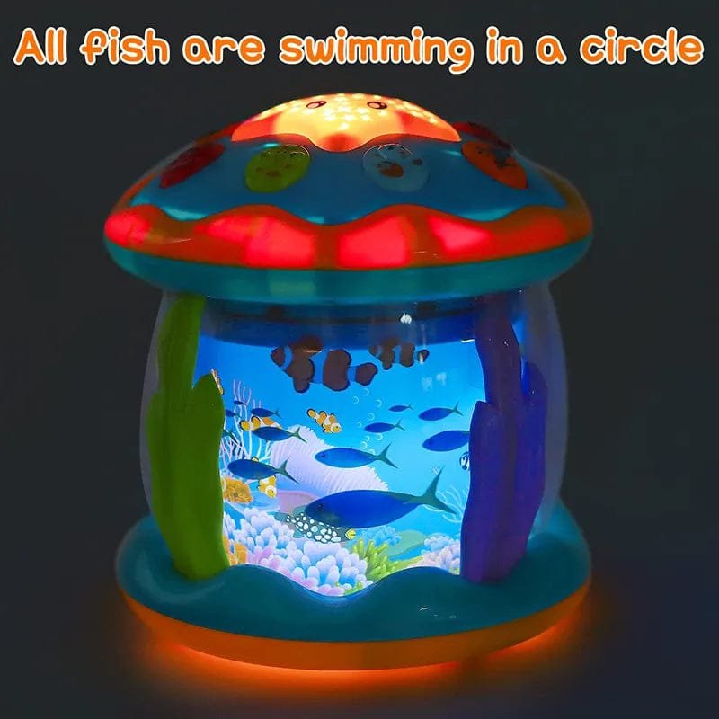 Baby sleep ocean light and music projector close-up for soothing nursery lighting and gentle lullabies.