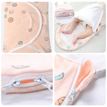 Baby sleeping bag zip and snap fastening details for quick night nappy changes without waking baby.
