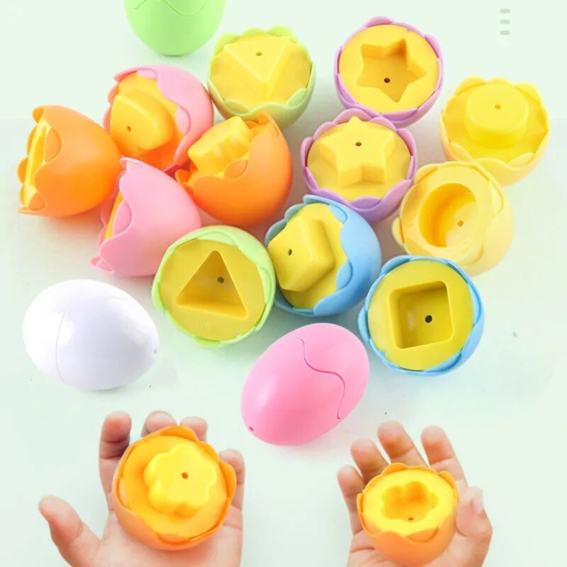 6Pcs Baby Smart Eggs Montessori flower and animal shape toys for shape recognition and fine motor practice.