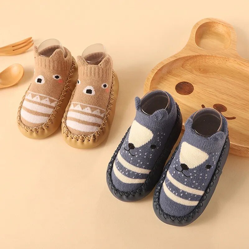 Color Matching Baby Sock Shoes soft-soled sneakers pictured in side profile to show the cork sole shape.