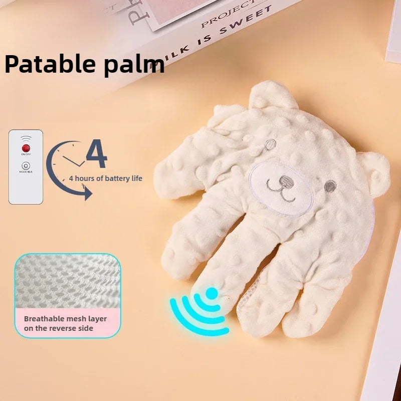 Beige bear baby palm pillow with remote control and 4 hours battery life callout
